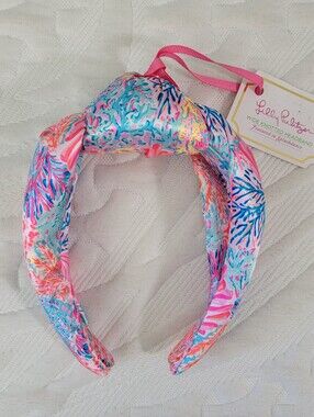 NWT Lilly Pulitzer Wide Knotted Satin Headband Featured In Splashdance Blue Pink